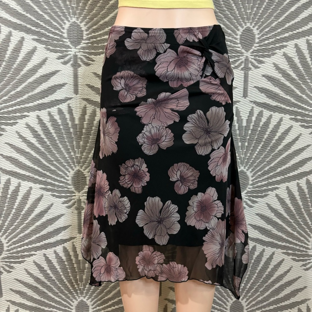 Vtg Y2K Floral Asymmetrical Mesh MIDI Skirt Sz M Blk Purple Fairy Grunge Goth